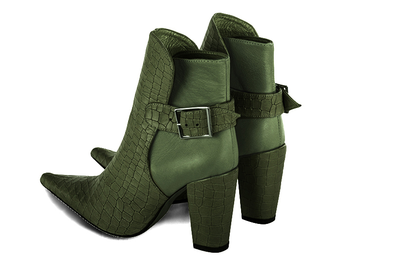 Forest green women's ankle boots with buckles at the back. Pointed toe. High block heels. Rear view - Florence KOOIJMAN